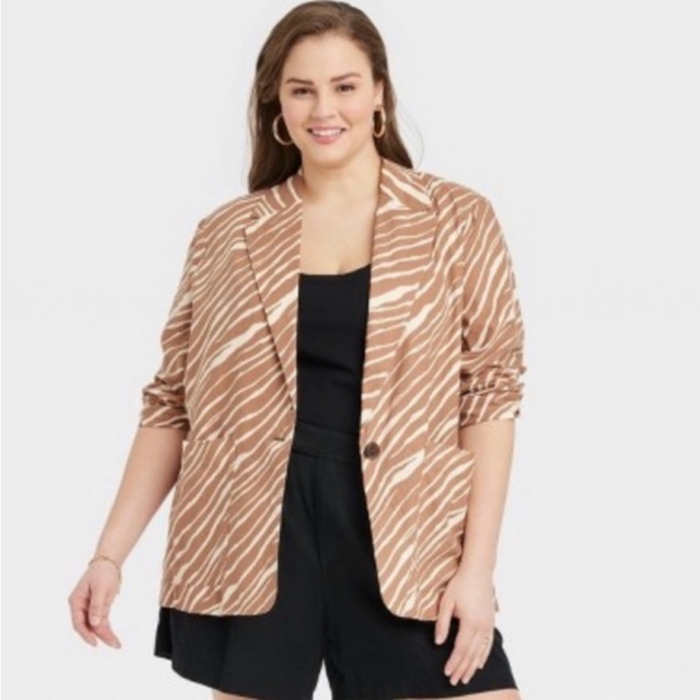 a new day Tan Zebra-Print Blazer Linen Rayon Animal Print Plus Size 2X